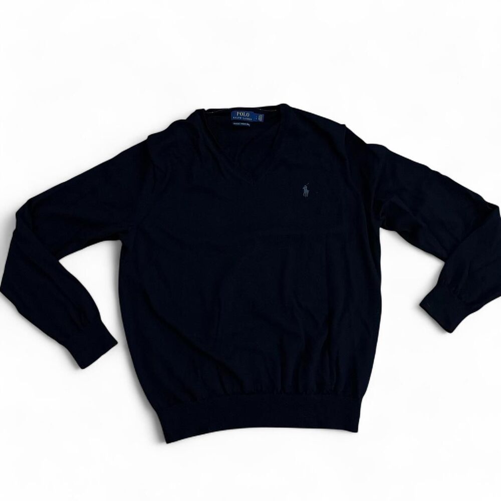 Polo Ralph Lauren Black V-Neck Pullover Merino Wool Sweater Men's Large